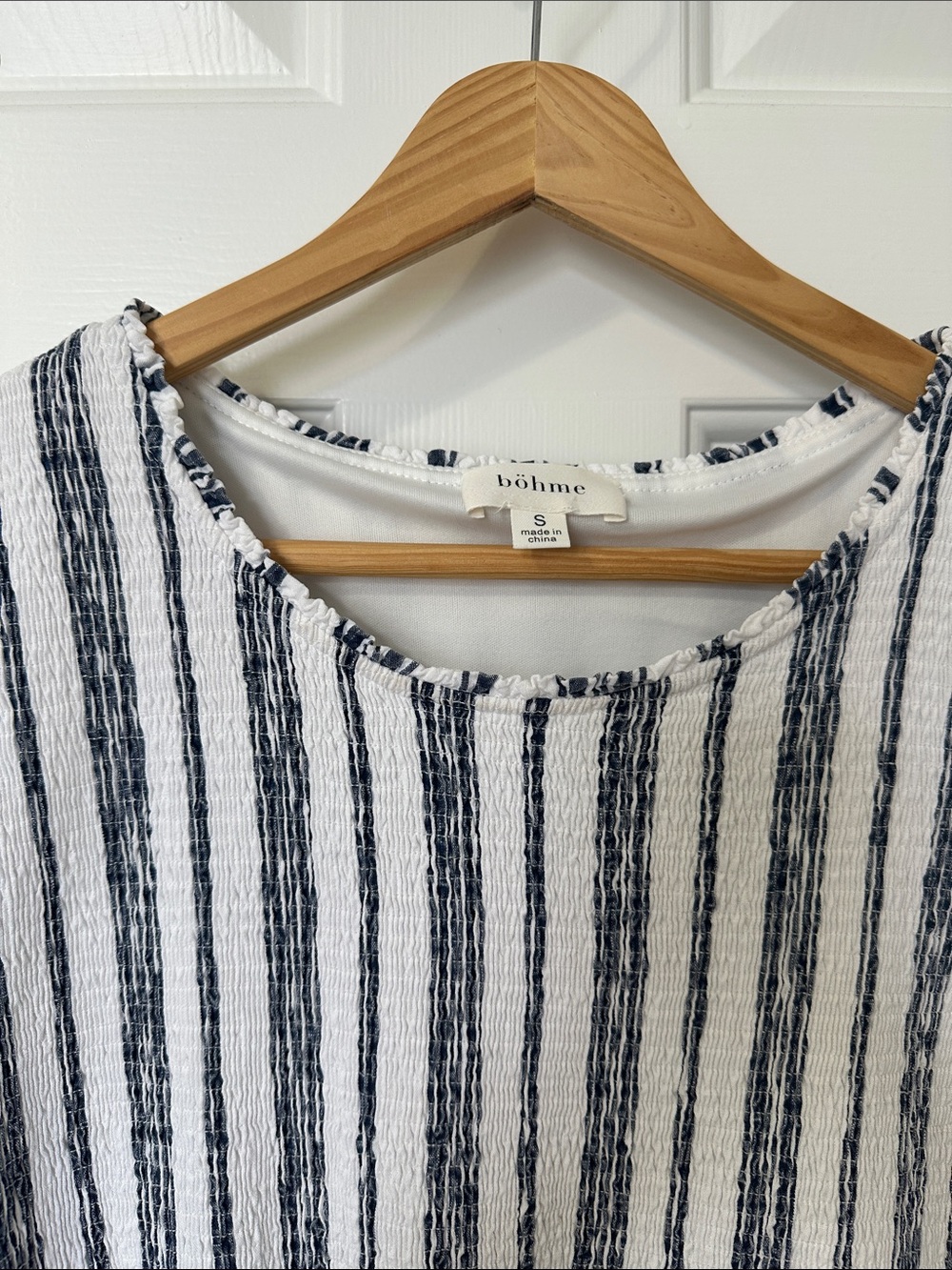 Böhme Navy and White Striped Smocked Textured High Low Dress